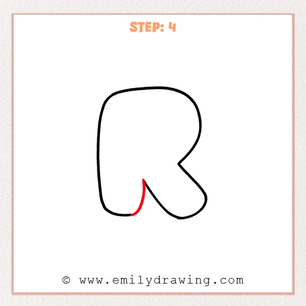 how to draw a bubble letter r - Step 4 of an easy step-by-step drawing tutorial for a bubble letter r, adding the small inner curve at the lower stem to connect into the leg and define the inner notch.